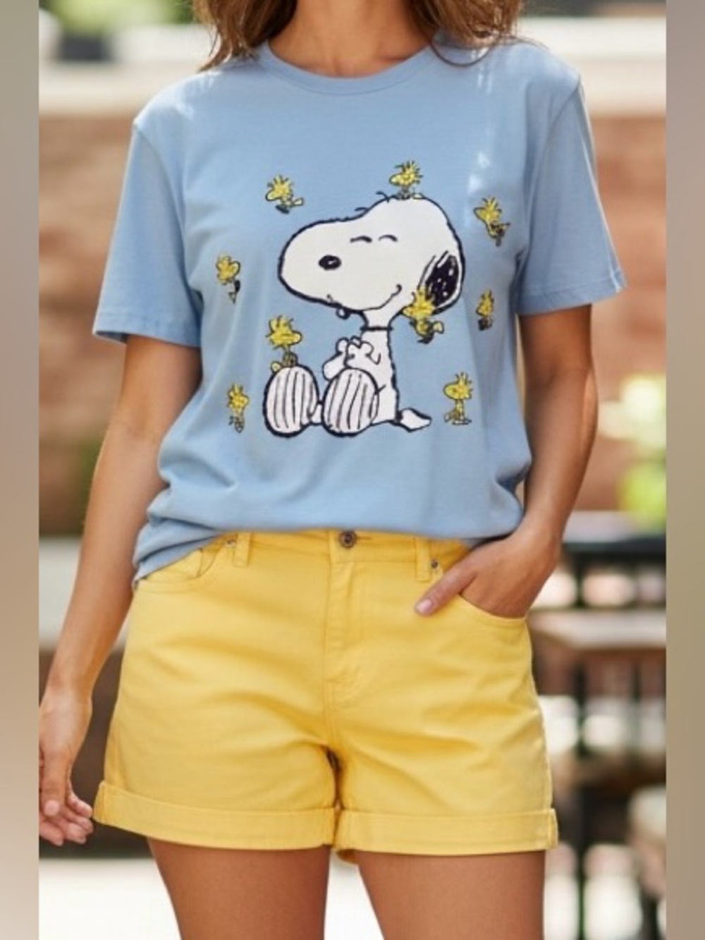 Peanuts Snoopy and
Woodstock Embroidered Light
Blue Graphic T-Shirt